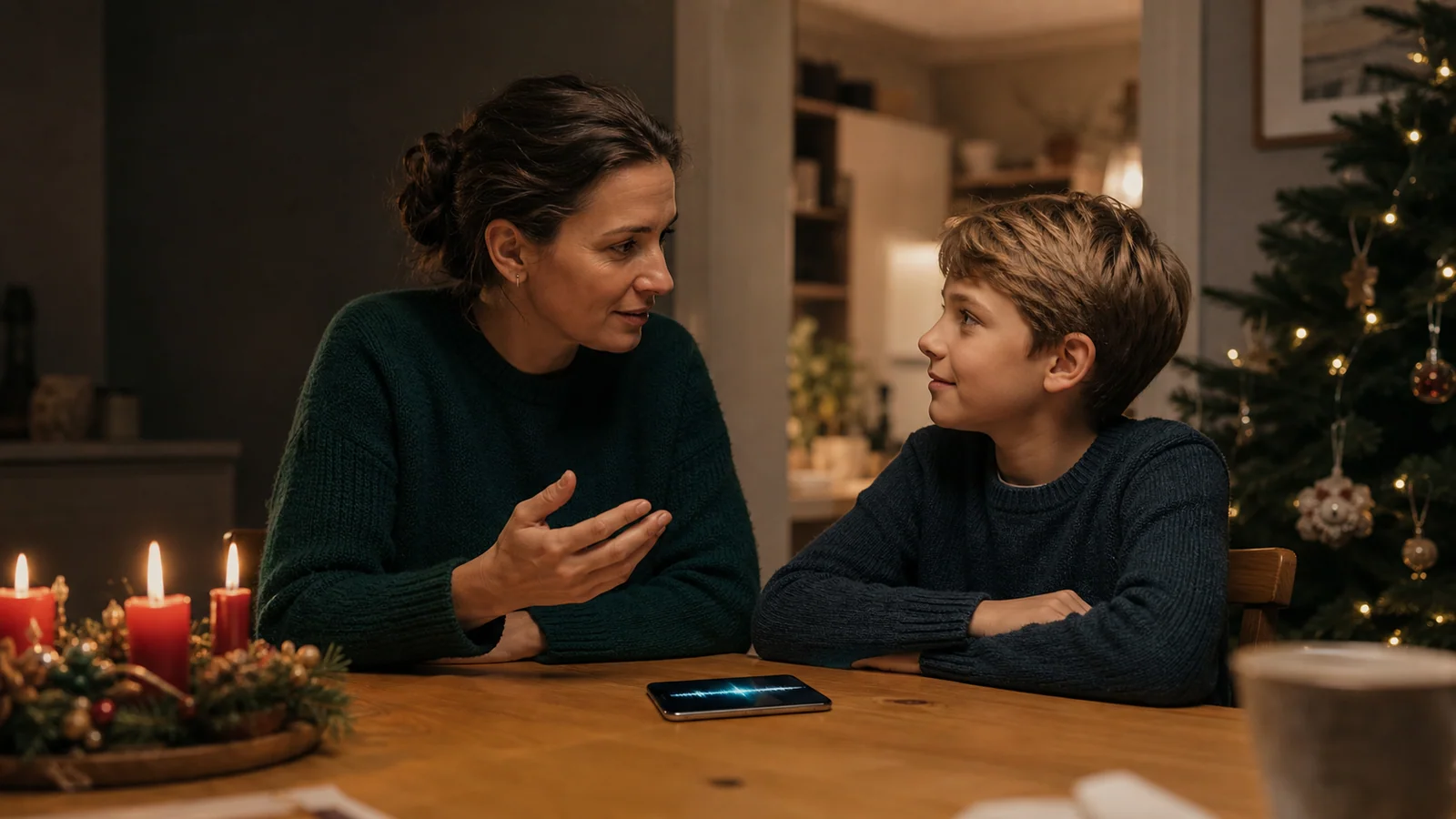 Rodič si s dítětem povídá o vánočním telefonátu a umělé inteligenci