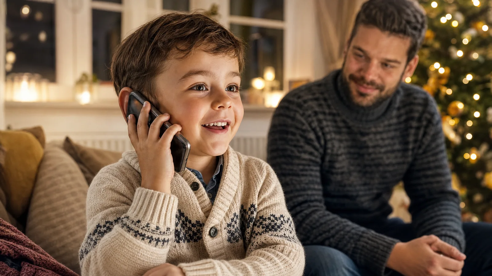 Dítě přijímá vánoční telefonát od Ježíška v bezpečí vedle rodiče