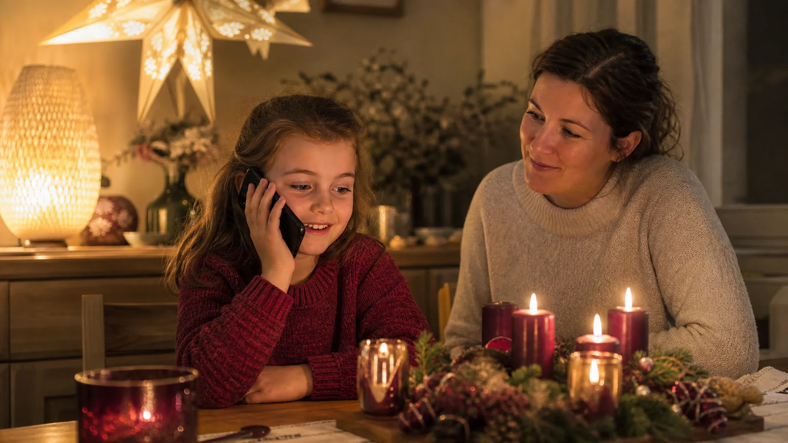 Dítě poslouchá klidný adventní telefonát od Mikuláše v útulném pokoji