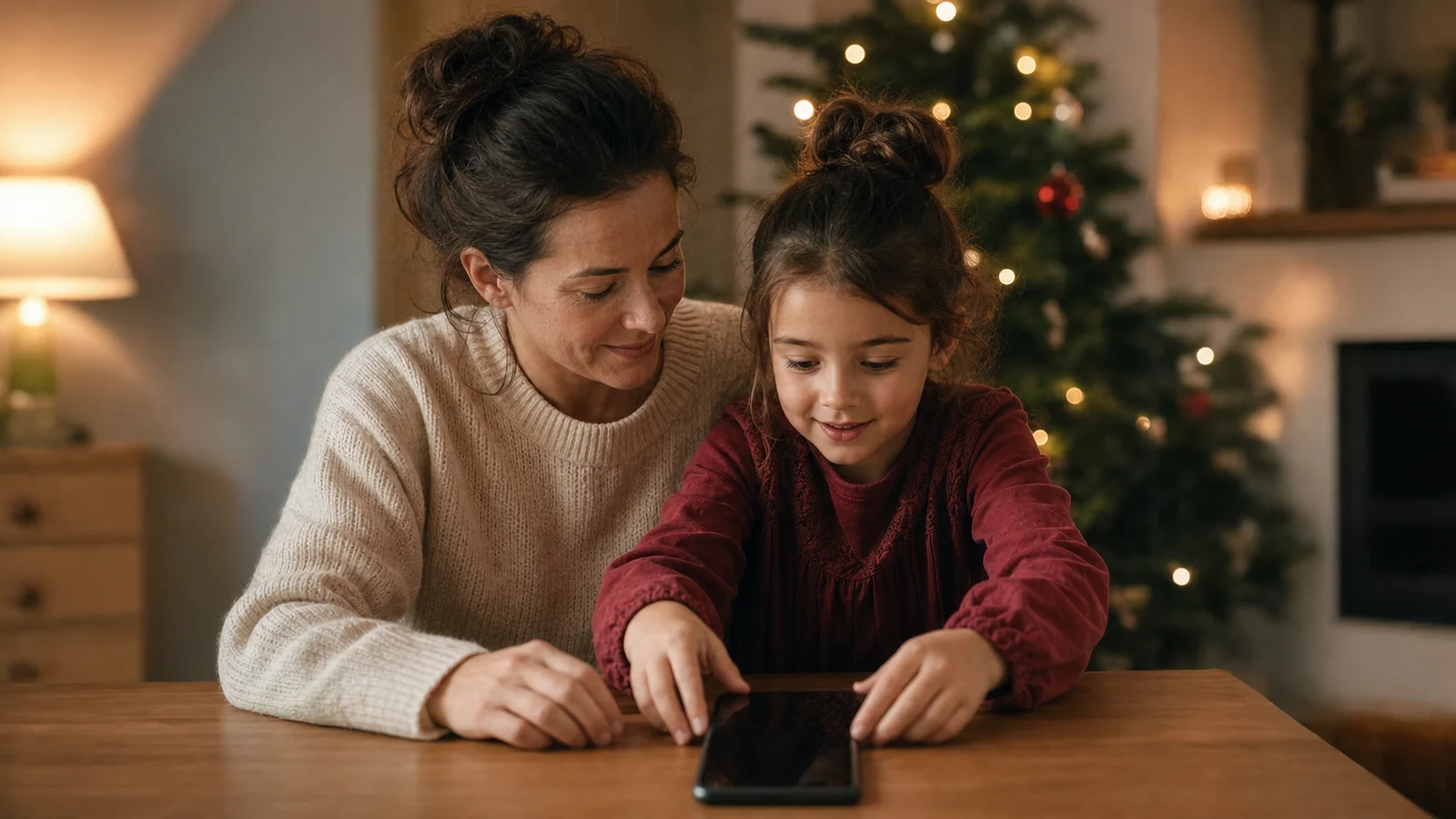 Rodič připravuje telefon pro dítě před vánočním hovorem se Santou