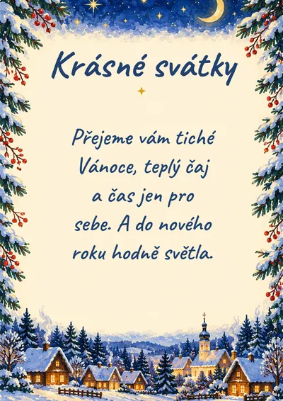 Vánoční přání ke stažení: Krásné svátky, rámeček zasněžená vesnička