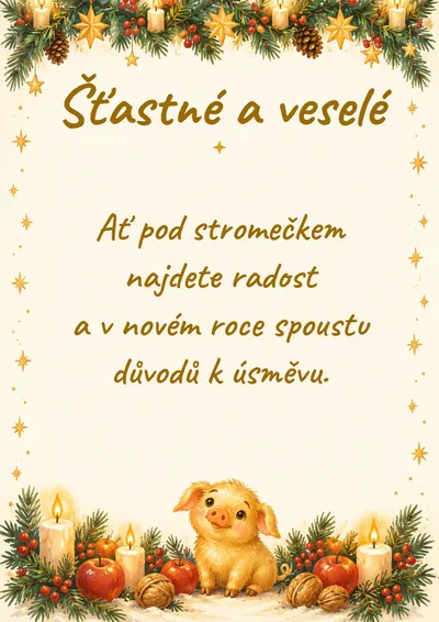 Vánoční přání ke stažení: Šťastné a veselé, rámeček zlaté prasátko