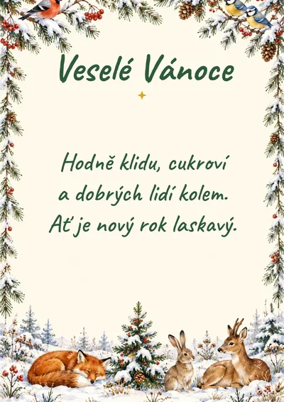 Vánoční přání ke stažení: Veselé Vánoce, rámeček zvířátka v lese
